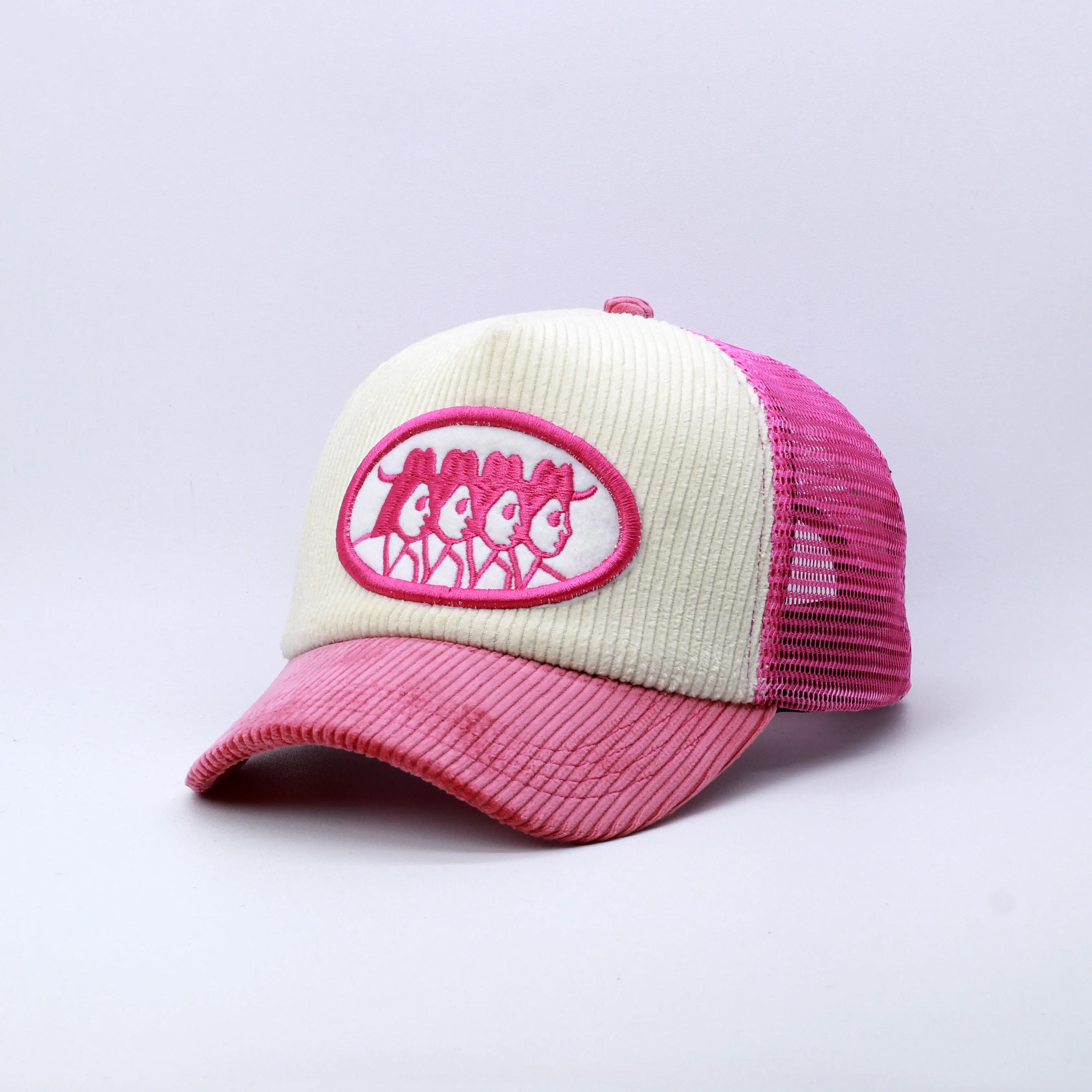 Cropss | Topi trucker topi jaring lidah pendek topi corduroy bordir four face pink