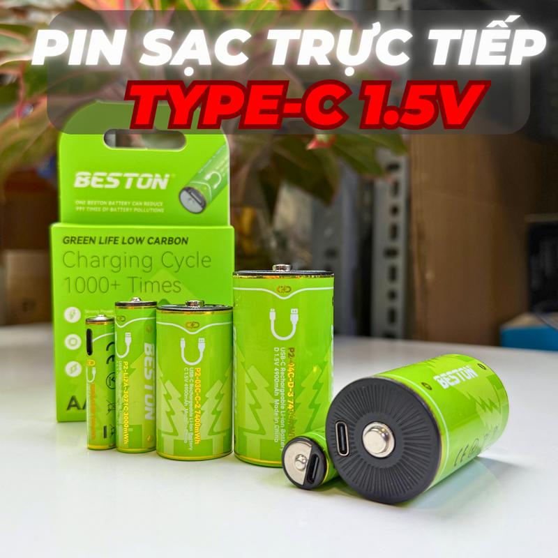 Beston Pin AA AAA C D 1.5V Có Thể Sạc Trực Tiếp Trên Pin Bằng Cổng USB Type-C Green Life Low Carbon Charging Cycle 1000+ Times
