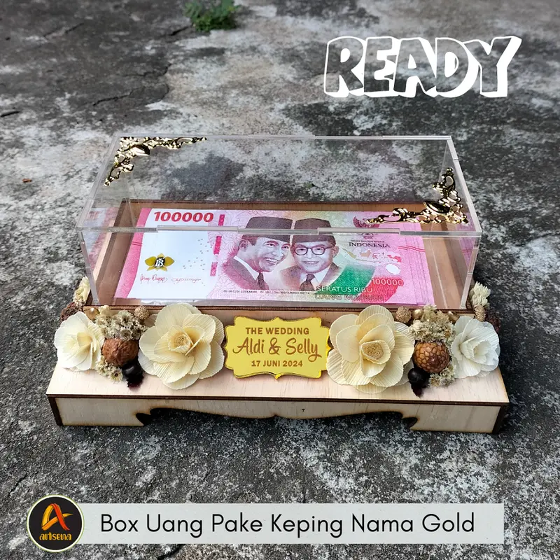 Box Mahar Uang Seserahan desain Rustic Tutup Akrilik Bisa Pakai Nama Mempelai / Kotak Mahar Bunga Rustic Gold 3