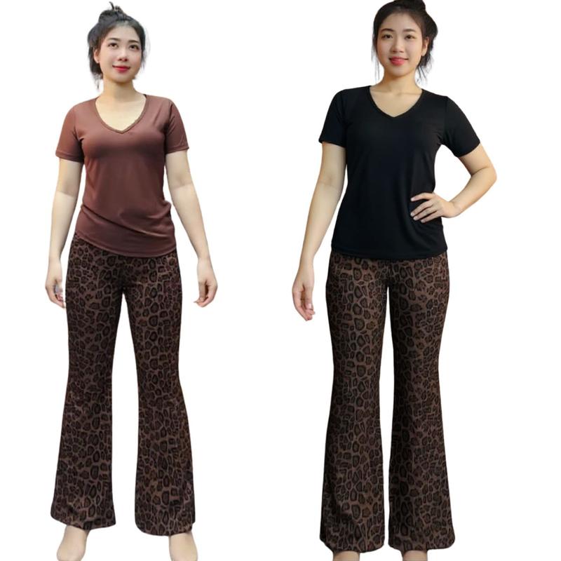  Đồ Bộ Nữ Quần Ống Loe Bigsize Đồ mặc nhà nữ quần ống loe có túi thun gân tăm co giãn thoải mái dễ thương ESHOP DL68 Top Women 