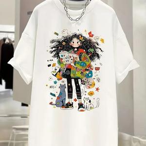 マルチエレメントカラー女の子柄プリント婦人用半袖Tシャツ、ラウンドネック、ゆったり、純綿カジュアルトップス、ラウンドネック、ショルダーベルト、ゆったりシルエット、通気性、肩落ちデザインプリントTシャツ夏のゆったりタイプ