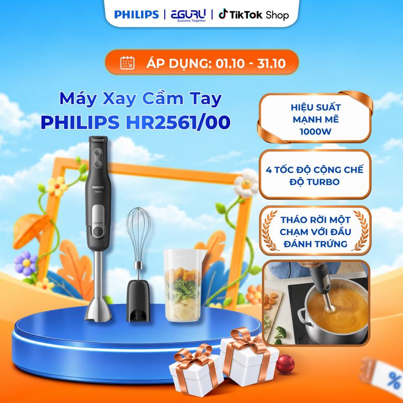 Máy Xay Cầm Tay Philips HR2561/00 (Phụ kiện gồm Cốc đong & Que đánh trứng/kem)- Công Suất 1000W, Công Nghệ ProMix Chống Văng
