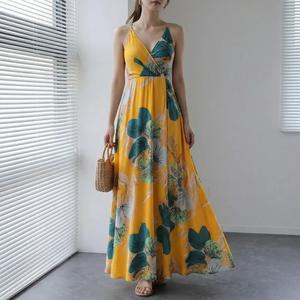 女性の花柄の背中の開いた太もものラップドレス、夏の服の女性、ビーチの休日の休暇のための自由奔放なノースリーブの深いVネックの長いドレス、サンドレス、スリップドレス、エレガントなドレスの女性