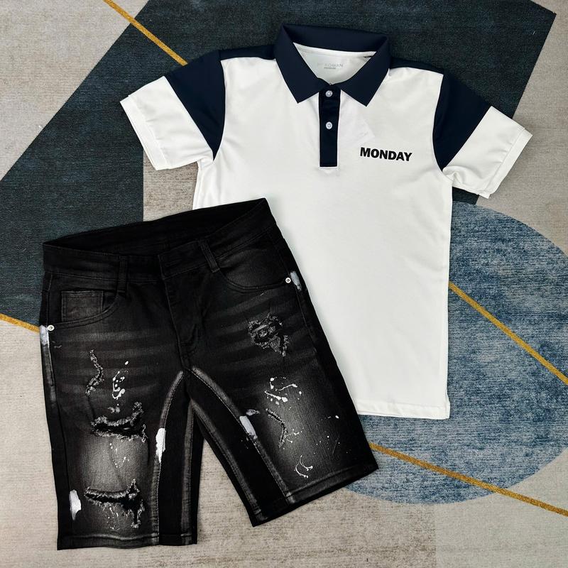 (COMBO SIÊU HOT) , QUẦN SHORT JEANS NAM ĐEN 2 ĐÁY CO GIÃN RÁCH KIỂU , VẨY SƠN TRẮNG BỤI PHỐI ÁO POLO TRẮNG IN CHỮ MONDAY, CHẤT POLO MỀM MỊN MÁT SIÊU ĐẸP