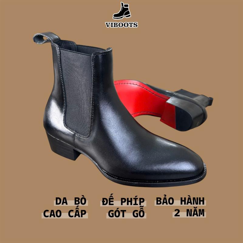  Giày Chelsea Boot Đế Đỏ Da Bò Thật Cao Cấp Thương Hiệu Viboots Đế Phíp Gỗ Tăng Chiều Cao 5cm Giày Da Nam Công Sở Kiểu Dáng Thanh Lịch 