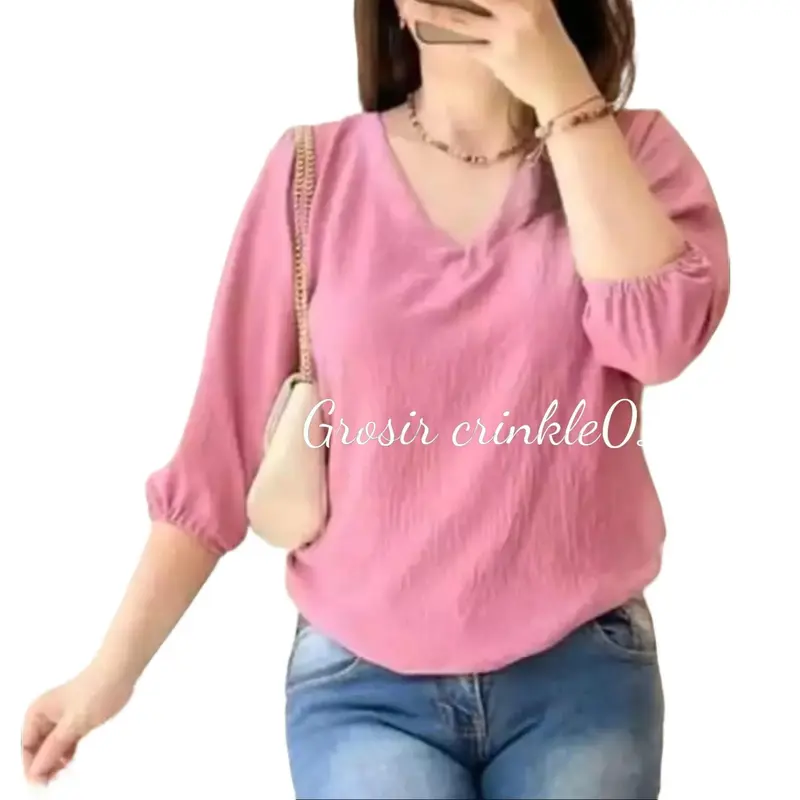 Pakaian wanita atasan blouse Cringkel airflow remaja dewasa model terbaru kekinian yang lagi viral Crinkle Nyaman Kerah Tangan Panjang 1