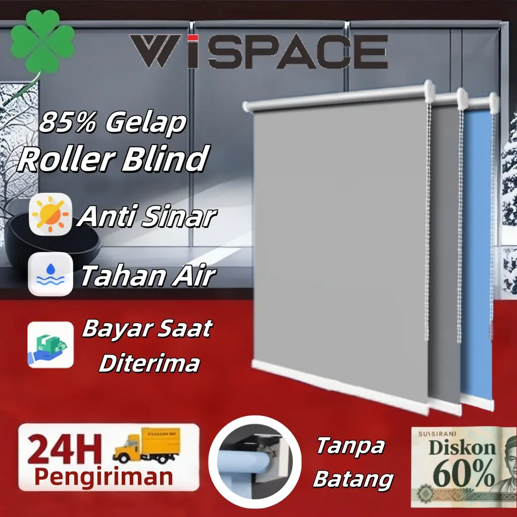 WISPACE Roller Blinds Gorden Minimalis Point 85%Dimout Dapur&Kantor Hiasan Dinding Ruang Tamu Tanpa Batang Tirai Curtain Dekorasi Jendela Biru Putih