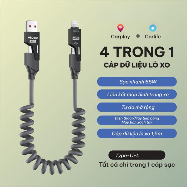 [ViGear] Cáp Sạc Lò Xo Đa Năng 4 Trong 1 ViGear Siêu Tiện Lợi dành cho điện thoại, iPad,..., Kéo Dài 1.5m, Sạc Nhanh Chuẩn PD C-L 27W, C-C 65W - Phụ kiện diện thoại
