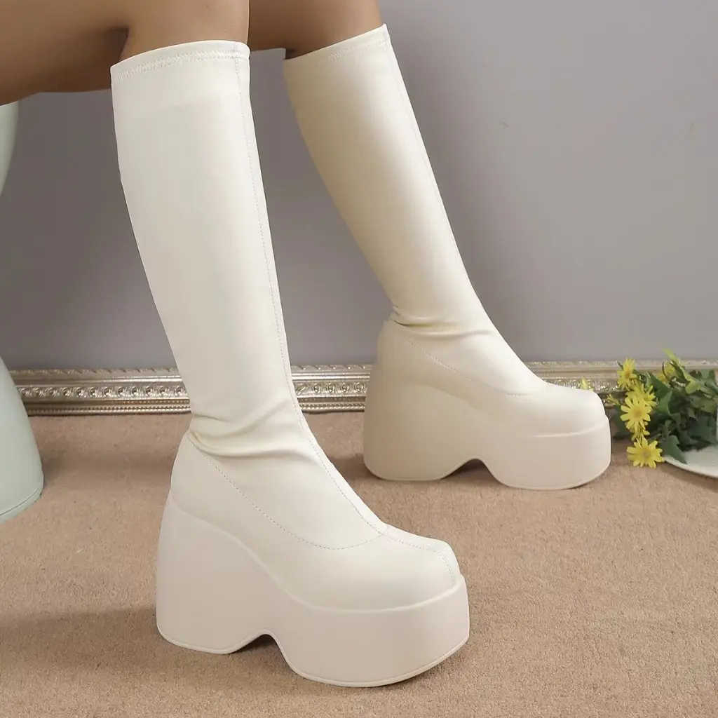 【Ready Stock】White Women's Mid Calf Boots Platform Wedges High Heels Gothic Punk Shoes Autumn Ladies Fashion Plus Size
