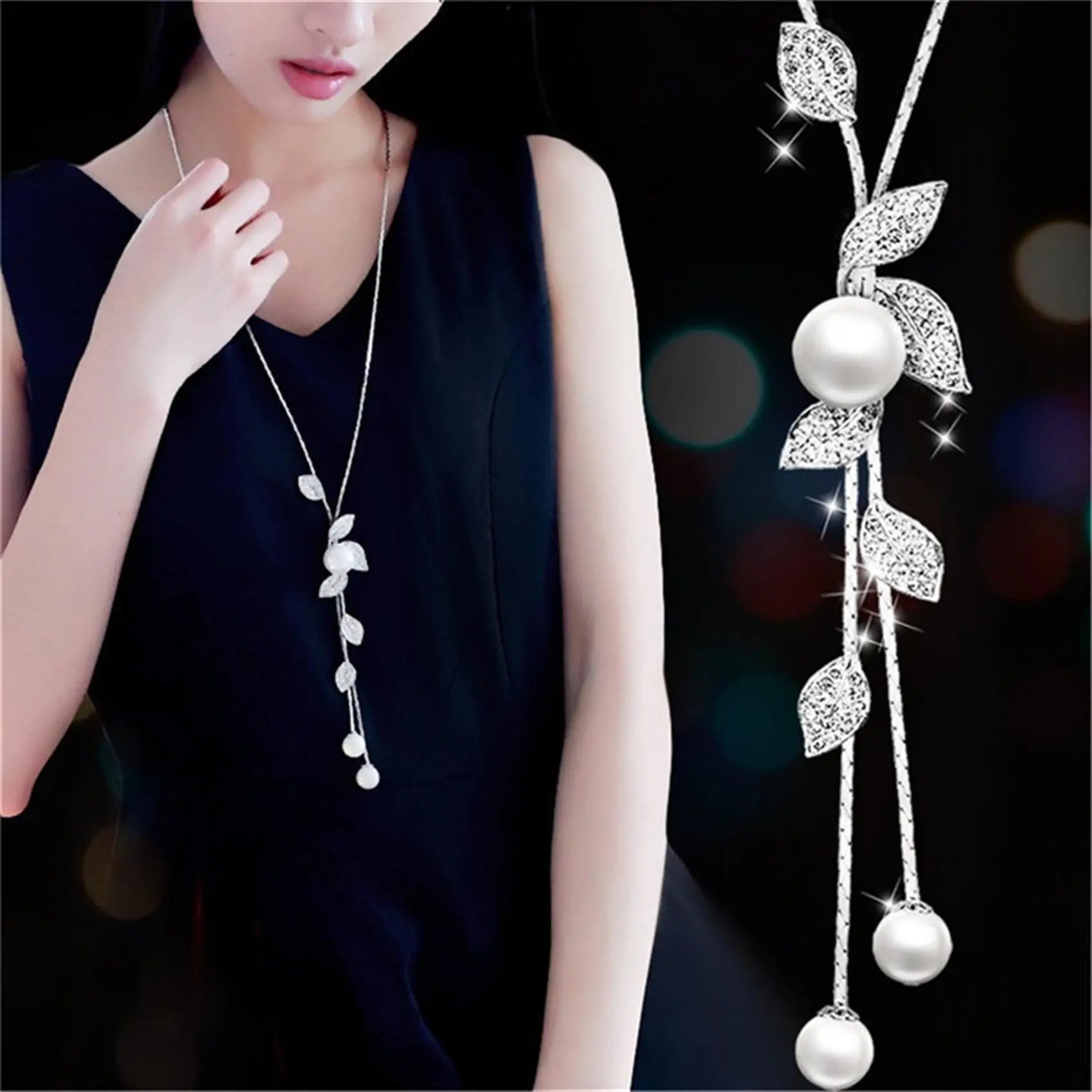 Dây Chuyền Áo Len Lá Kim Cương Giả JA, Dành Cho Nữ, Thanh Lịch Và Sáng Bóng, Vòng Cổ Dài, Vòng Cổ Tua Rua Thời Trang Nữ, 1 Chiếc