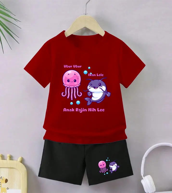 Luwi Kids Setelan Anak Celana Hitam Cewek Cowok Gambar Ubur Ubur Ikan Lele Celana Fashion set Baju 4
