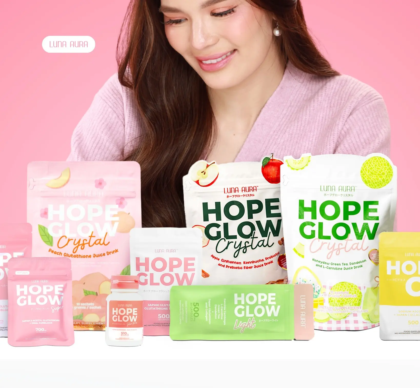 LUNA AURA HOPE GLOW CLASSIC, SKIN PRO, HOPE C, BIGGIE 60 CAPSULES, HOPE GLOW CRYSTAL GLUTATHIONE ORAL SUNBLOCK FREE SHIPPING