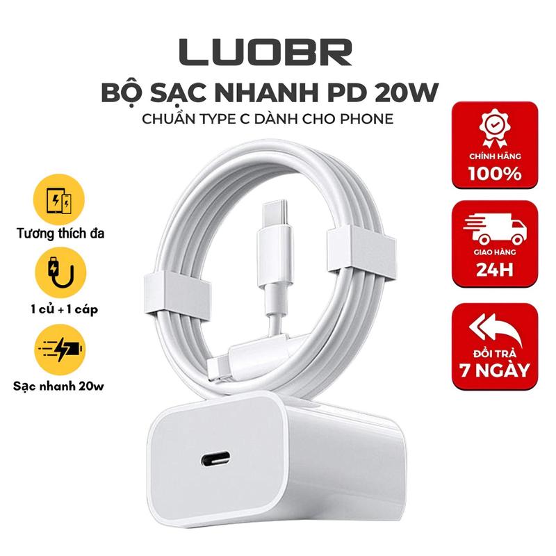 Sạc nhanh PD Type-C 20W & Dây cáp dữ liệu LN, tương thích với iPhone 6-14, chip thông minh, an toàn chống cháy nổ, dây sạc 1m/1,5m/2m, bộ sạ