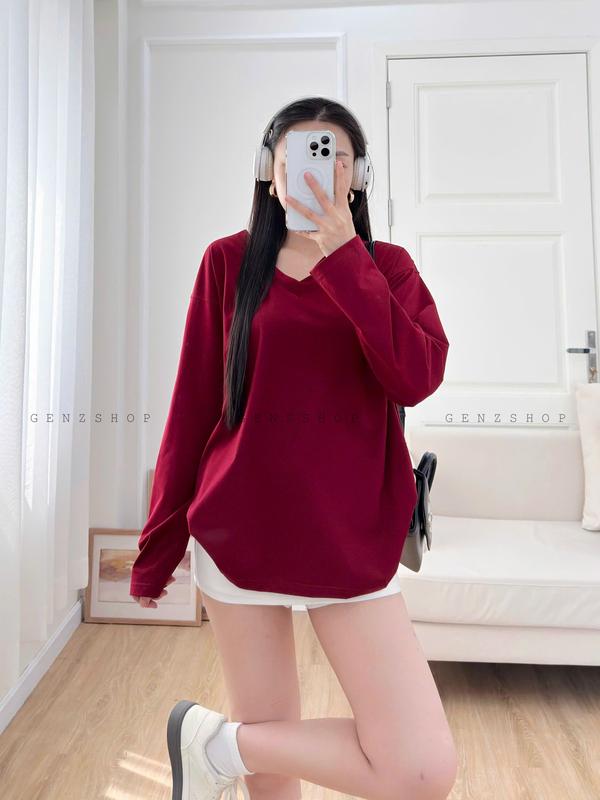 ÁO THUN TAY DÀI CỔ TIM TRƠN FORM RỘNG CHẤT COTTON DỄ PHỐI ĐỒ Nữ Women
