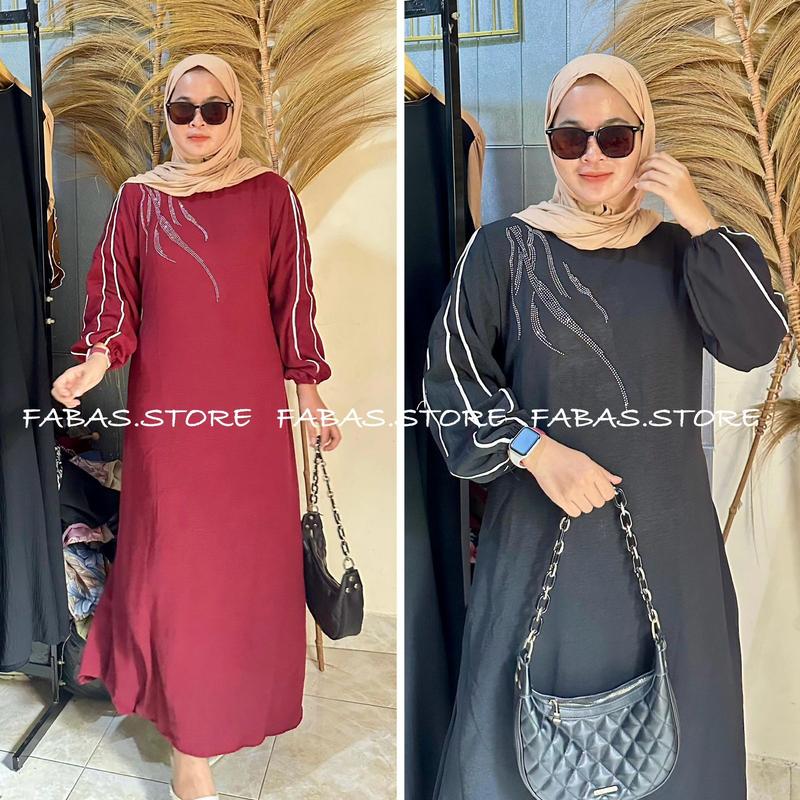 Azkya Dress  Gamis Cringkle Airflow mix Swarosky premium Wanita Muslim Kain Crinkle Flowy Nyaman Panjang Wudhu Lebaran Simple 0