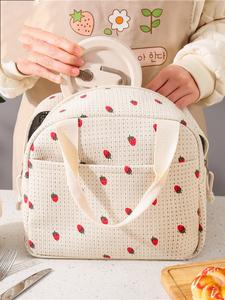 Bolsa de almuerzo Velvet Strawberry, caja bento aislada portátil, ideal para el trabajo y viajes, contenedor de comida práctico que se lleva en la mano