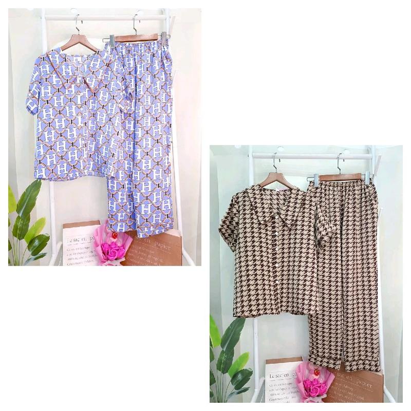 N6_Size M40_58kg- Đồ bộ nữ vải lụa ma n go cổ nhọn viền tay ngắn có nhiều hoạ tiết dễ thương Nho Áo Kem Voi