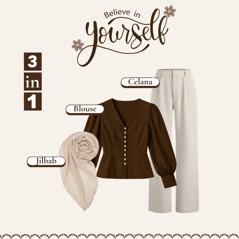 1 Set Outfit Remaja (Blouse Coklat Mahogany + Celana Kulot + Jilbab Bella square) Casual Style HO63N 1