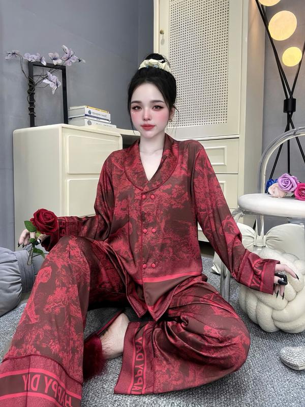 Đồ Bộ Pijama Nữ Lụa Latin Tơ Tằm Thoáng Mát Cổ Sam Tay Dài Quần Dài In Họa Tiết Loang Rừng Đỏ Size 45-60kg và 61-75kg Có Bigsize Women Dài Tay