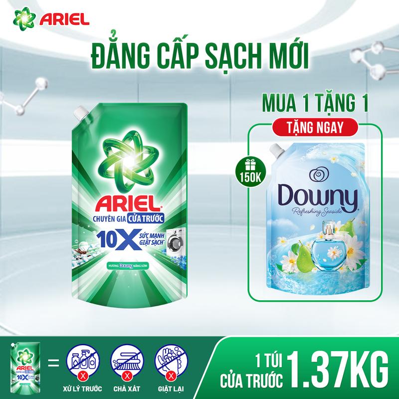 [Mua 1 tặng 1] Nước giặt siêu sạch Ariel 10X đậm đặc hương Downy nắng sớm thơm lâu cửa trên/cửa trước 1.36kg- 1.48kg tặng nước xả vải Downy bờ biển 1L