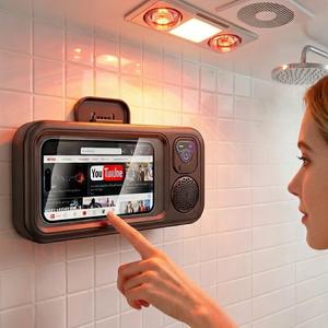 防水ボックス型スピーカー、浴室用防水・360°回転タッチスクリーン搭載Bluetoothスピーカー。映画鑑賞や音楽再生に最適で、スマホホルダー付き。シャワー中でもテレビ視聴可能。プール、キッチン、バスルーム、シンクでの使用に適しています。