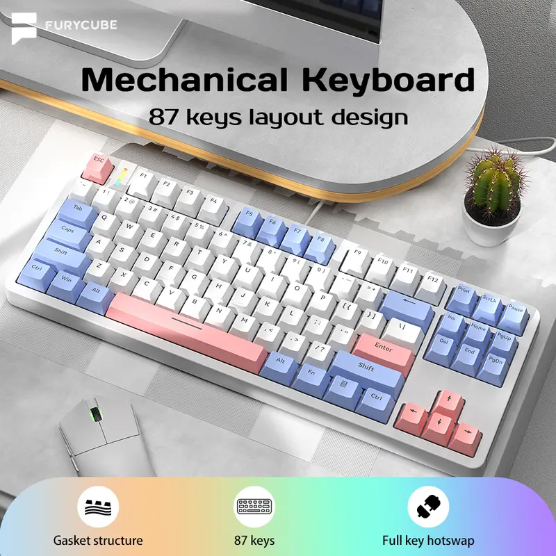 FURYCUBE G87 Wired Mechanical Keyboard 87 Keys 85% Layout Gasket Keyboard Type-c to USB  Cable Swappable Noah Silver/Mute Switch Computer Gaming Keyboard 0