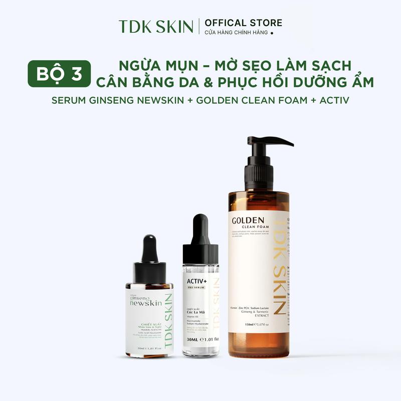 Combo bộ chăm sóc da Sữa rửa mặt GOLDEN CLEAN FOAM + Serum Newskin + Serum Phục Hồi Activ-Pro hỗ trợ cải thiện sẹo rỗ mụn ,thâm - TDK SKIN