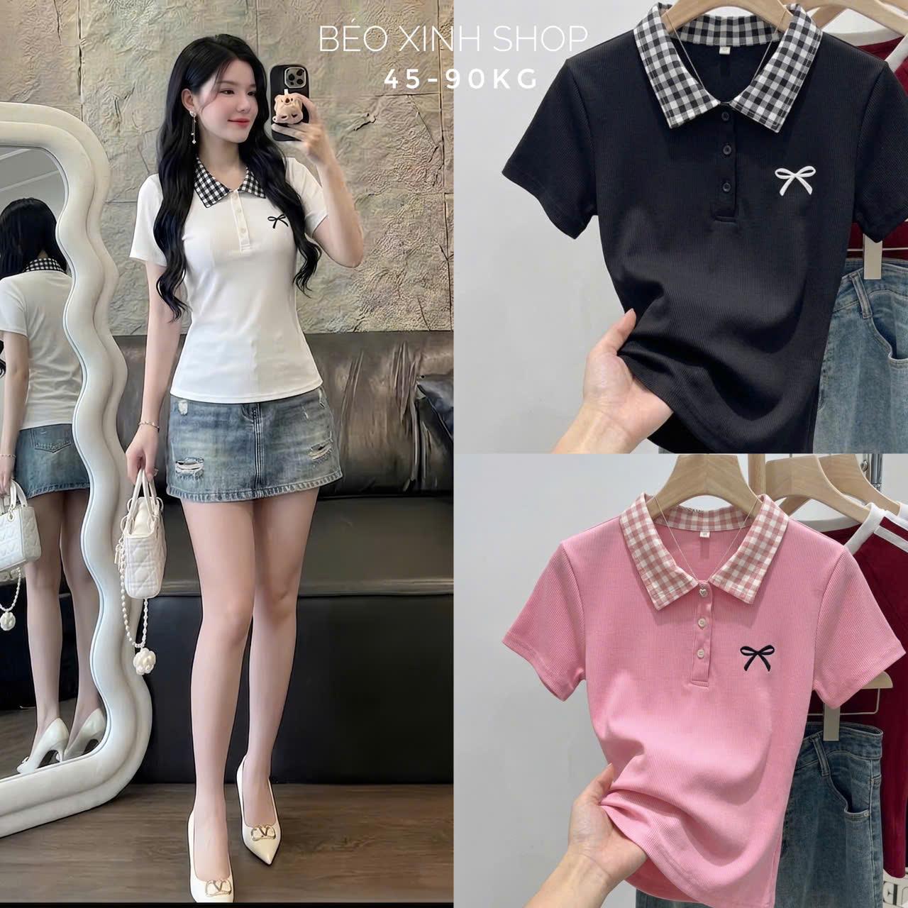 Thời Trang Bigsize Áo Thun Polo Cổ Caro Phối Thêu Nơ Cao Cấp Thanh Lịch Vải Thun Gân Tăm Bigsize Từ 45 - 90Kg Dễ Thương Top Nữ Women - B.1778