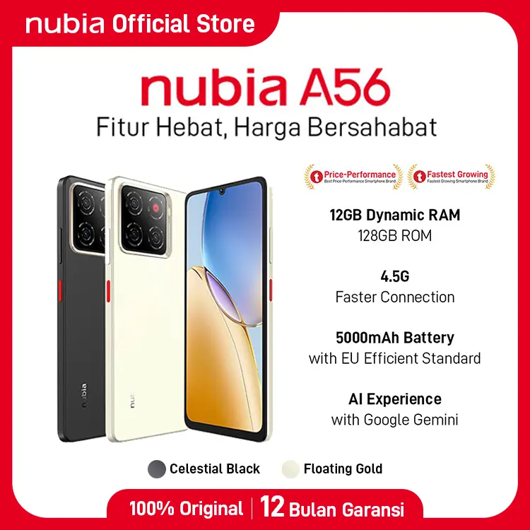 Handphone nubia A56 ROM 128GB RAM 12GB (4+8GB) Smartphone Kamera AI 13MP Triple Camera Layar 6.75" 90Hz, Baterai 5000mAh Fast Charging