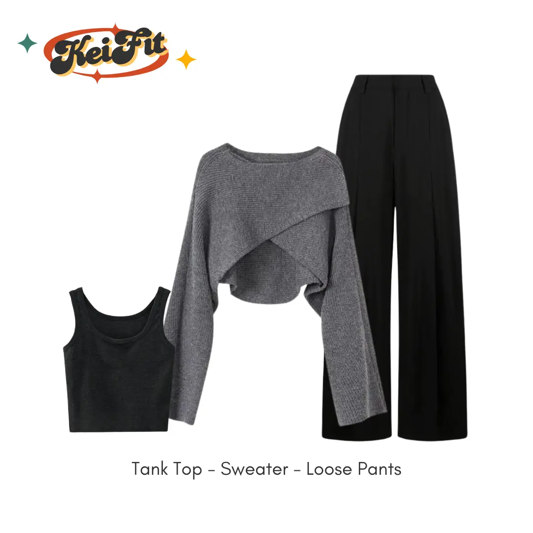 stelan import 3in1 Kive Kekinian ala Korea (Tank Top, Setelan Sweater rajut Silang Korea, Celana Loose Pants Panjang) OOTD Kampus Kondangan one set wanita rumahan korean style