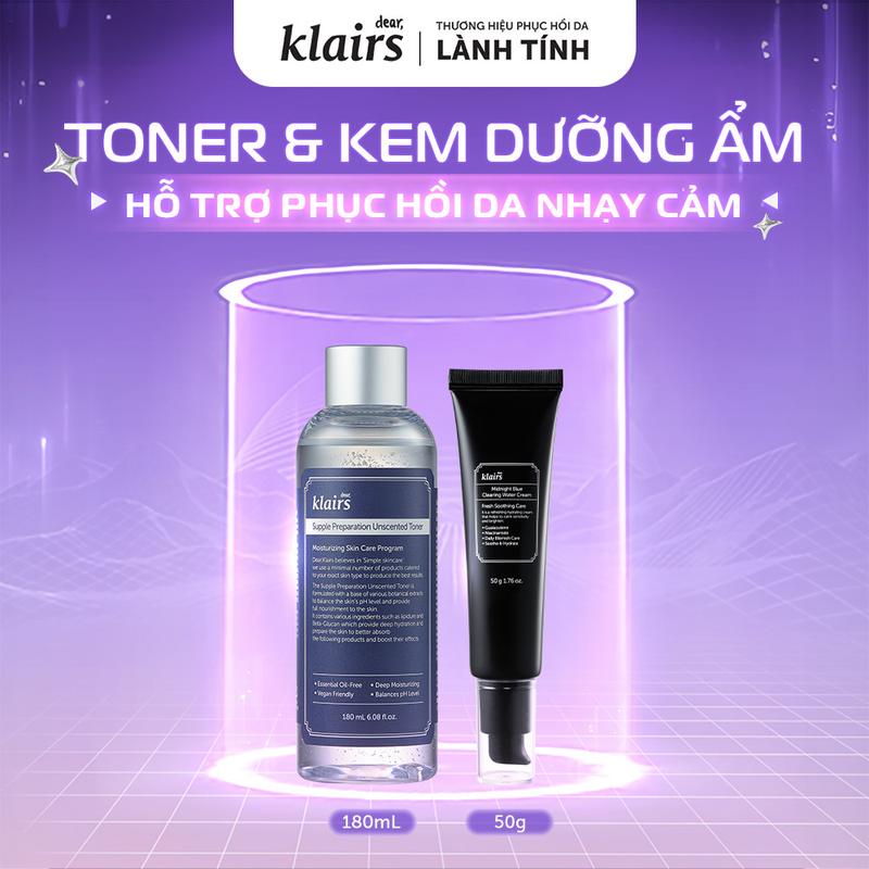  Combo Nước hoa hồng Dear Klairs Supple Preparation Unscented Toner 180ml và Kem dưỡng ẩm Dear Klairs Midnight Blue Clearing Water Cream 50g 