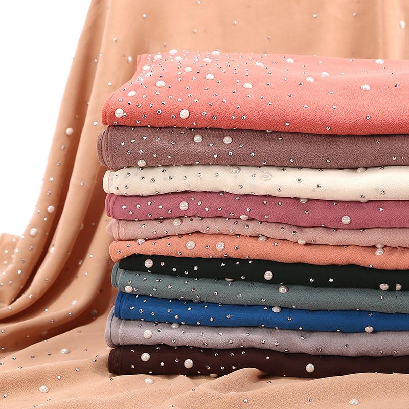 Malaysia Indonesia Pearl Chiffon material Baotou scarf rhinestone porcelain decorative fashion headscarf_voghion.com