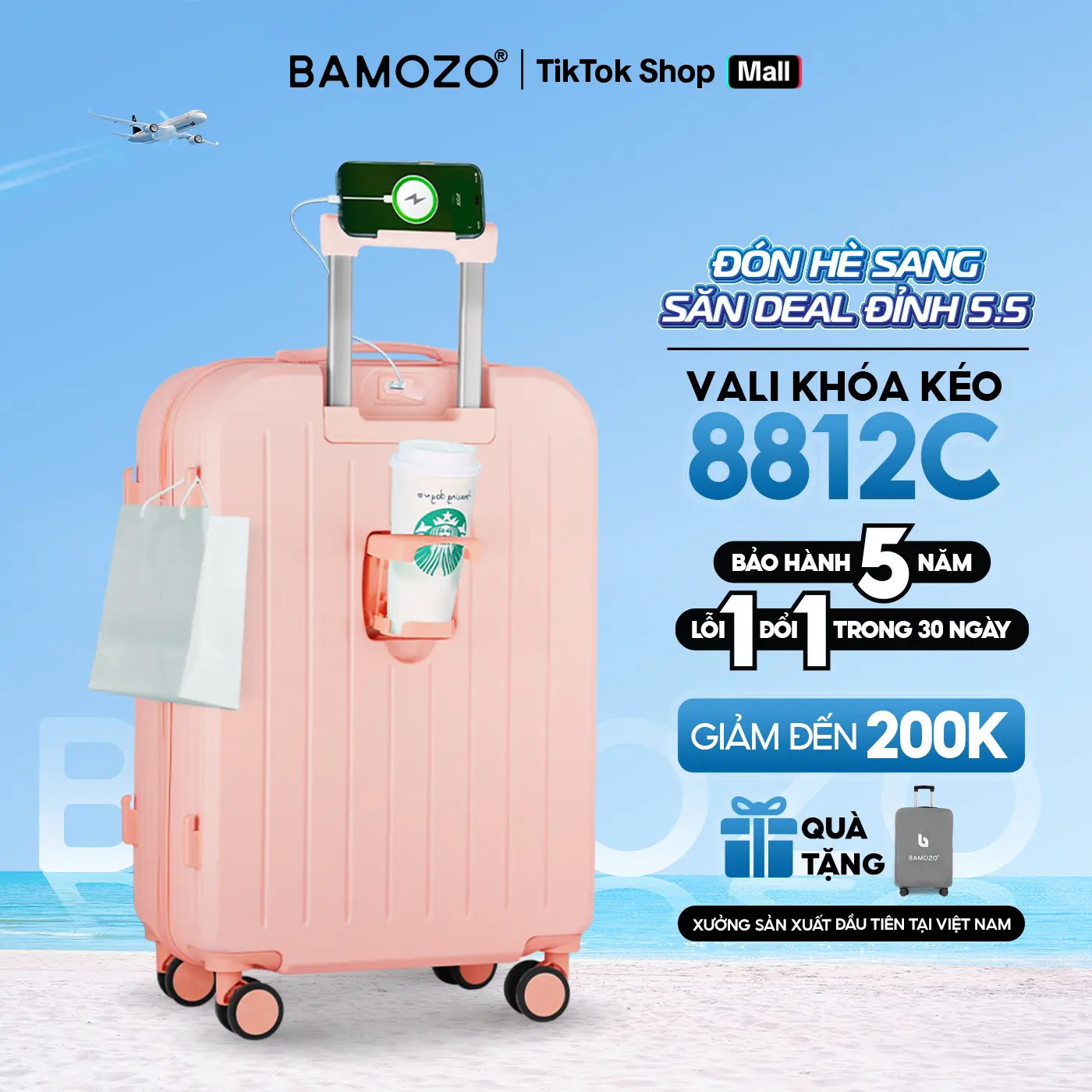 [GIÁ SỐC 5/5] Vali Bamozo 8812 Bản Cao Cấp Size 20/24 Nhựa ABS Bền Đẹp 4 Bánh Xoay 360 Vali Du Lịch Hộp Đựng Cứng Có Khóa Hai Lớp An Toàn - Tặng Bọc Vali