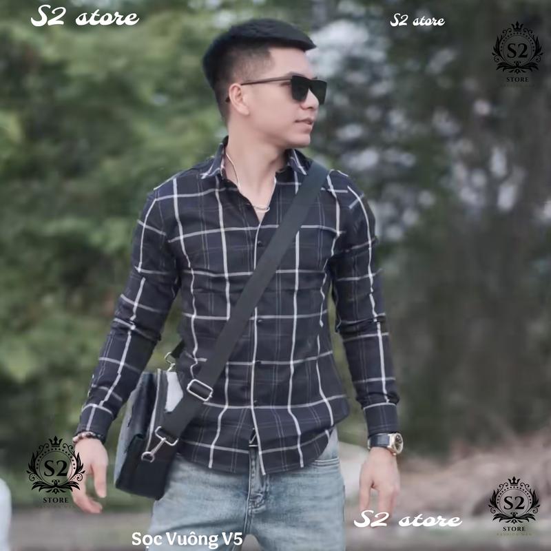 Áo Sơ Mi Sọc Caro Quảng Châu Sọc Vuông Đen Xanh Sọc Trắng Caro Hoạ Tiết Ô Vuông Mềm Mịn Nam Menswear Shirt Cổ Tròn Kem Có Cổ Kate