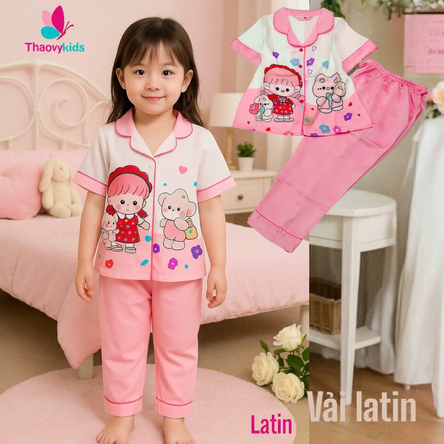 [10-57Kg] Bộ Pijama Bé Gái Tóc Hồng" tay ngắn quần dài Vải Lụa Cao Cấp - ThaoVySleepwear - Xanh Rêu Đỏ Hồng Tím - Quần Áo Ngủ Pijama Nữ - Bé Gái - Bộ Ngủ Lụa Đồ Bộ Mặc Nhà Homewear Sleepwear Không Nhăn Co Giãn Không Xù Giặt Không Rút