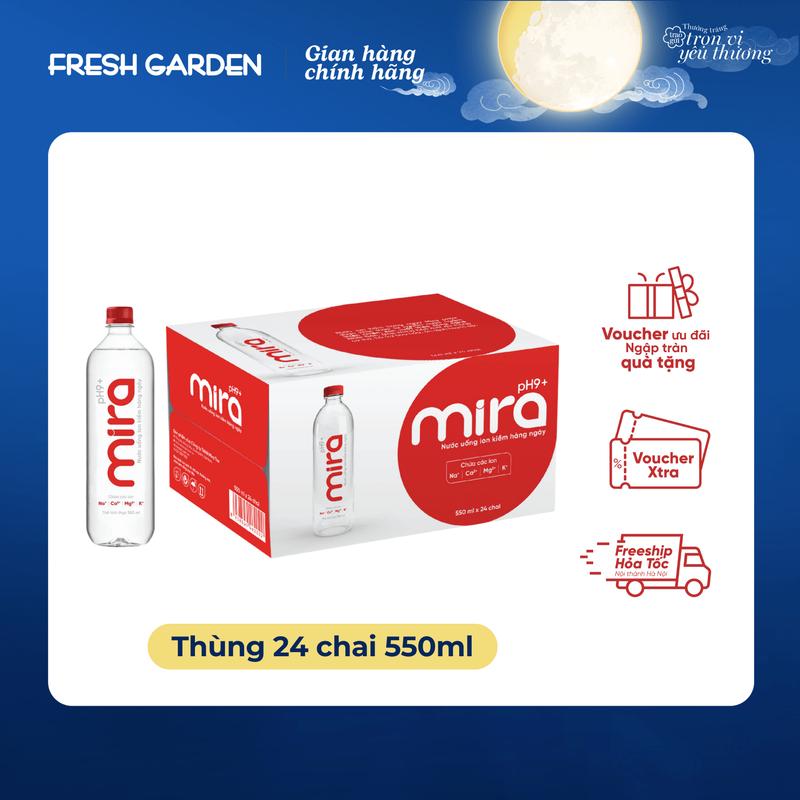  Thùng 24 chai Nước uống ion kiềm Mira pH9+ 550ml bổ sung khoáng trung hoà axit dư hỗ trợ thanh lọc mỗi ngày 