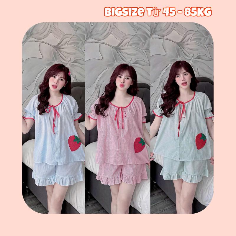 ĐỒ BỘ MẶC NHÀ, Set bộ Pyjama CỔ TRÒN TIỂU THƯ VIỀN ĐỎ HỌA TIẾT QUẢ DÂU ĐỎ Dễ Thương Bigsize Hằng Moon [Form 45 - 85 kg]
