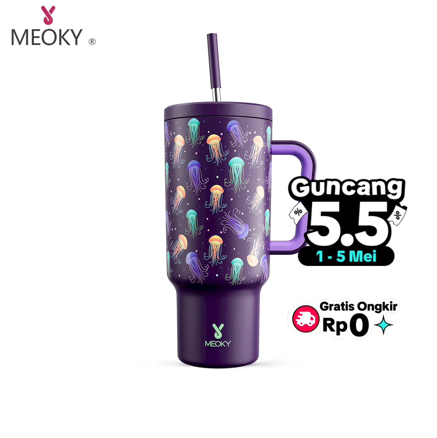 [Exclusive MEOKY] Gelas Minum Meoky 40 oz (1100 ml) dengan Tangkai, Tutup Anti Bocor dan Sedotan, Kaca Kopi Tersulut, Kaca Minum Perjalanan Baja Tahan Karat, Menjaga Dingin selama 24 Jam atau Panas selama 8 Jam