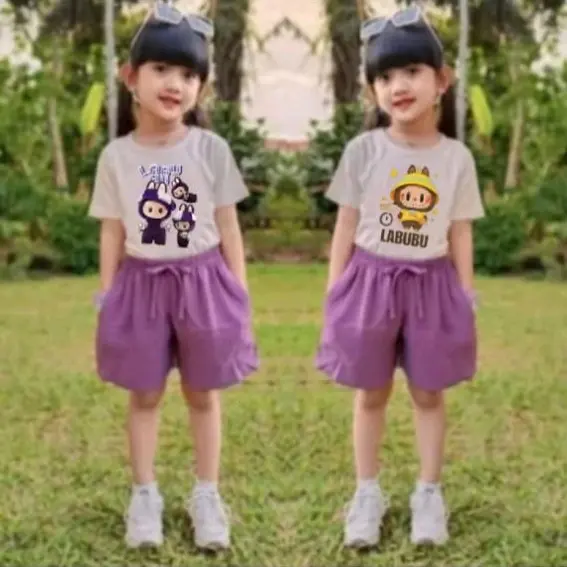 Setelan Labubu Celana Pendek Fashion Anak Perempuan Usia 2-11 Tahun 4