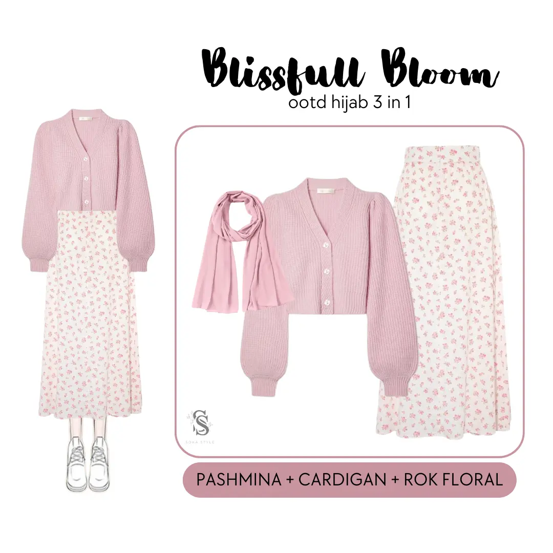One Set Hijab 3in1 Kekinian (Pashmina + Cardigan Korea + Floral Skirt) Blissfull Bloom - SS24 import ala Korea