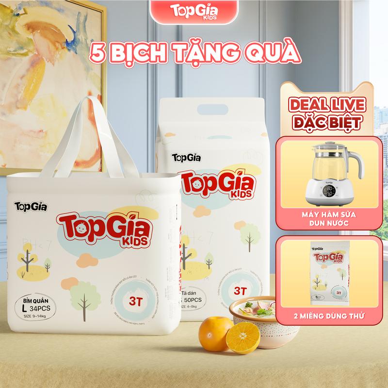 5 BỊCH (TẶNG M3-01) Tã/Bỉm cho bé, bỉm TopGiaKids pH < 7 ngừa hăm, đai chun đệm mây mềm mại co dãn 4 chiều, thấm hút bề mặt khô thoáng size S đến XXXL cho bé từ 4-20kg kem (bỉm)