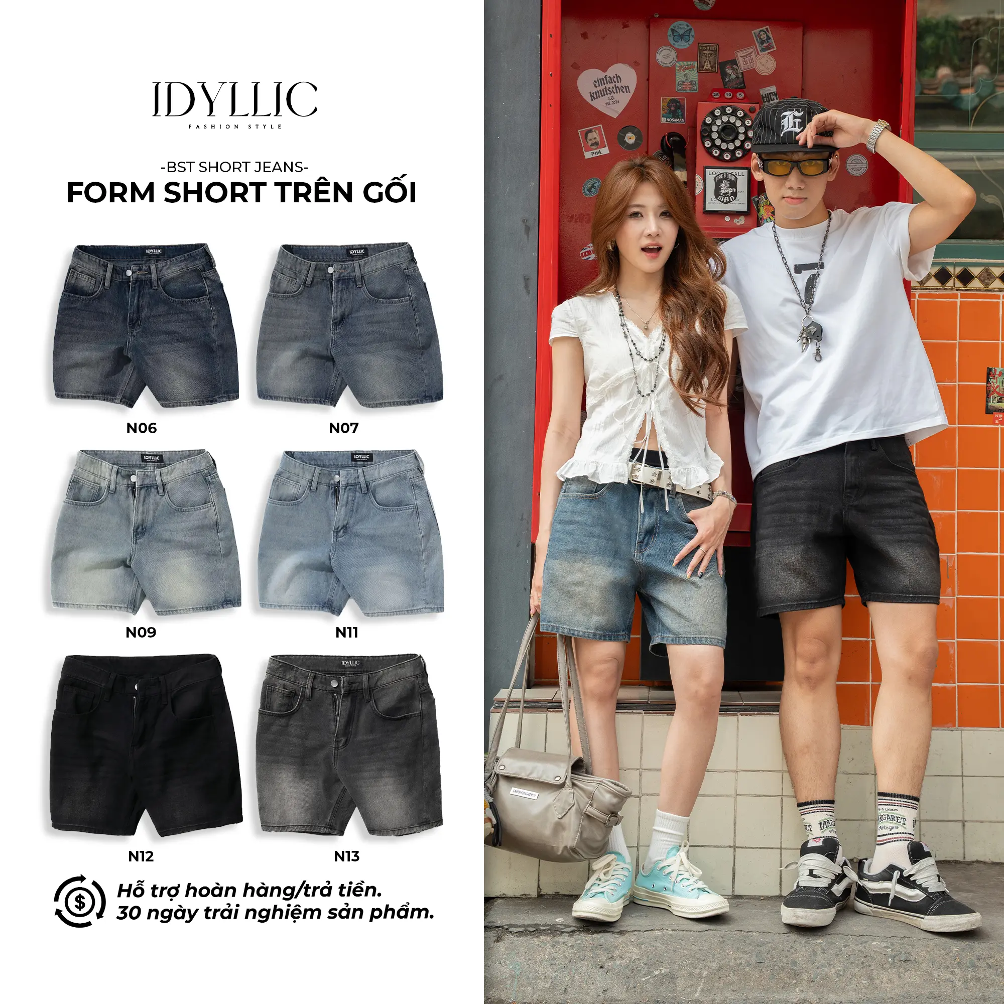 [IDYLLIC] Quần Short Jean Unisex BST N06-N13 Chất Liệu Cotton Phong Cách Tối Giản Thích Hợp Mọi Dịp