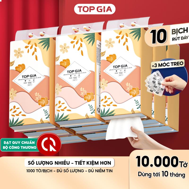 (COMBO 10 BỊCH) Thùng 10 Bịch Khăn Giấy Rút Đáy Tiểu Hạ TOP GIA 4 Lớp Mềm Mịn, Thành Phần Bột Gỗ Tự Nhiên Thân Thiện An Toàn, Khăn Giấy Vệ Sinh 1000 tờ, 4 lớp Tặng 3 móc treo tiện lợi Giấy Vệ Sinh giấy rút  ĐẠT QUY CHUẨN CỦA BỘ CÔNG THƯƠNG VTG86