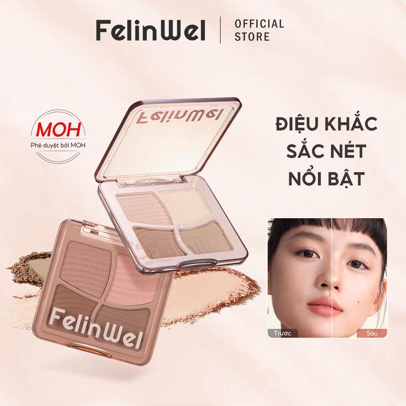 FelinWel - Bảng phấn tạo khối 4 màu Trang điểm tạo khối Phấn phủ tạo khối với cọ tùy chọn Phê duyệt bởi MOH