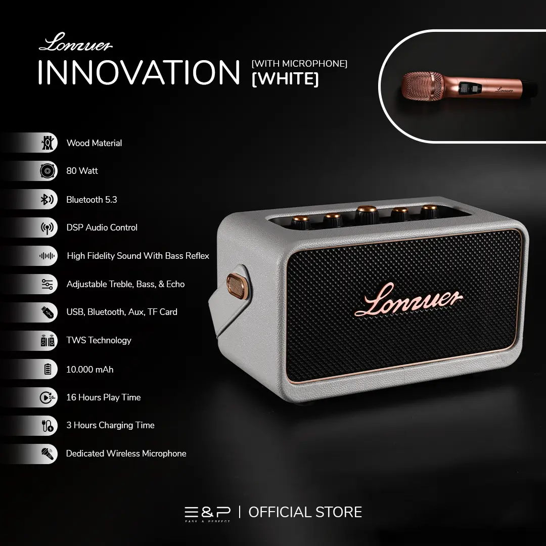Lonzuer INNOVATION by Easy & Perfect | Limited Edition in White | Bluetooth Speaker Portable With DSP Audio Control | 80 Watt Output Power With Adjustable Treble And Bass | High Fidelity Sound With Bass Reflex | Comes With a Premium Wireless Microphone