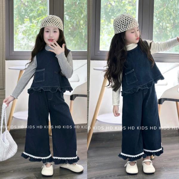   HĐ Kids  T56 Set Bộ Bò Jean Đen Kèm Áo Phông Giữ Nhiệt Và Quần Ống Rộng Phối Ren Đủ Size Cho Bé Từ 12-30KG 