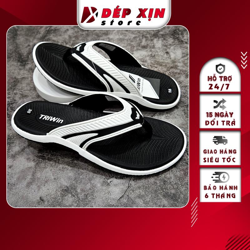 Dép Kẹp Nam Cao Cấp TRIWIN Quai Nhựa Mềm Đế Cao Su Chống Trượt (Đen Quai Trắng)  DéP Đế Bằng Đồng Hoa depkep Quai Hậu xỏ ngón dibien