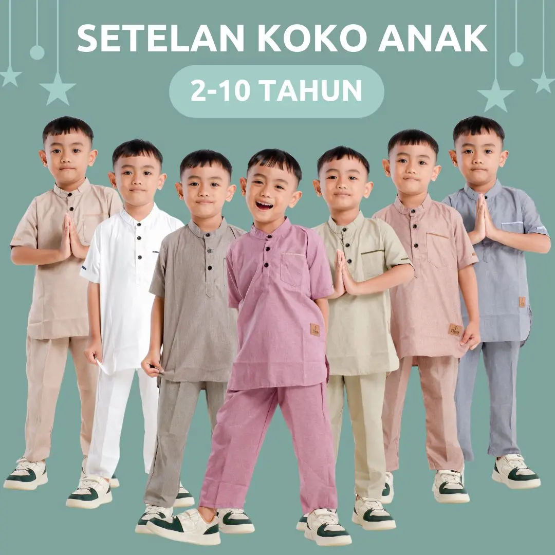 Setelan Koko Anak Laki Laki Baju Muslim 2-10 Tahun Kain Katun Pendek - Kurta - Atasan, Celana - Panjang, Nyaman