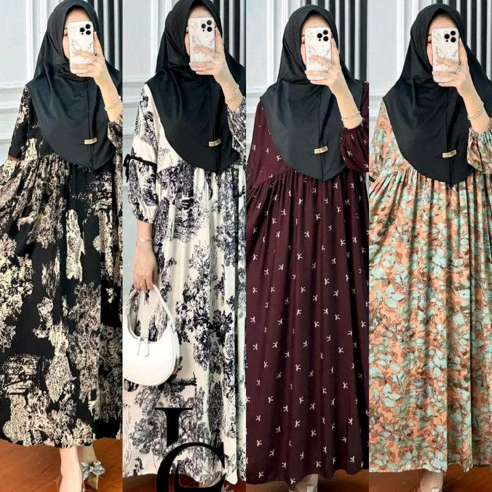 Anjani Gamis Pita Rayon Wanita Lengan Balon Jumbo Motif Terbaru • •hitam mix milo