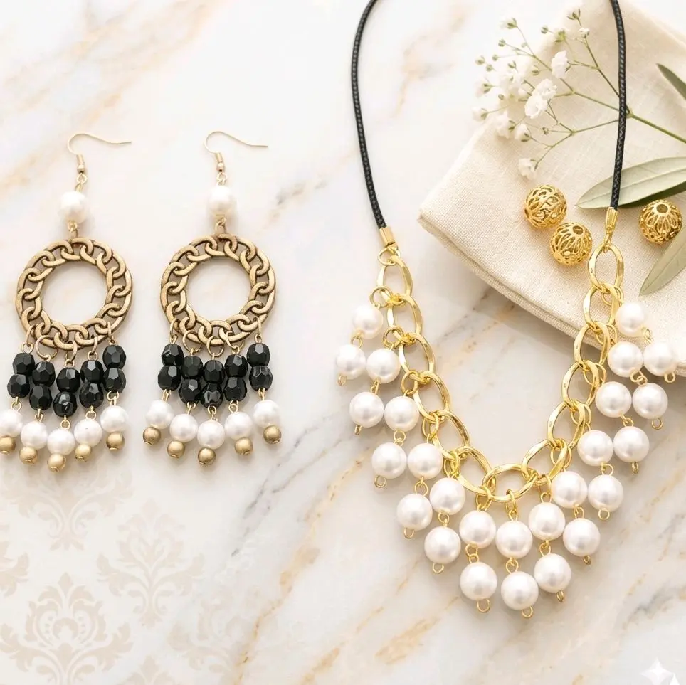Kalung Set Anting Mutiara Sintetis Elegan Bahan Berkualitas Tinggi Tali Kulit Sintetis & Akrilik Panjang Dapat Disesuaikan Cocok untuk Acara Formal dan Informal